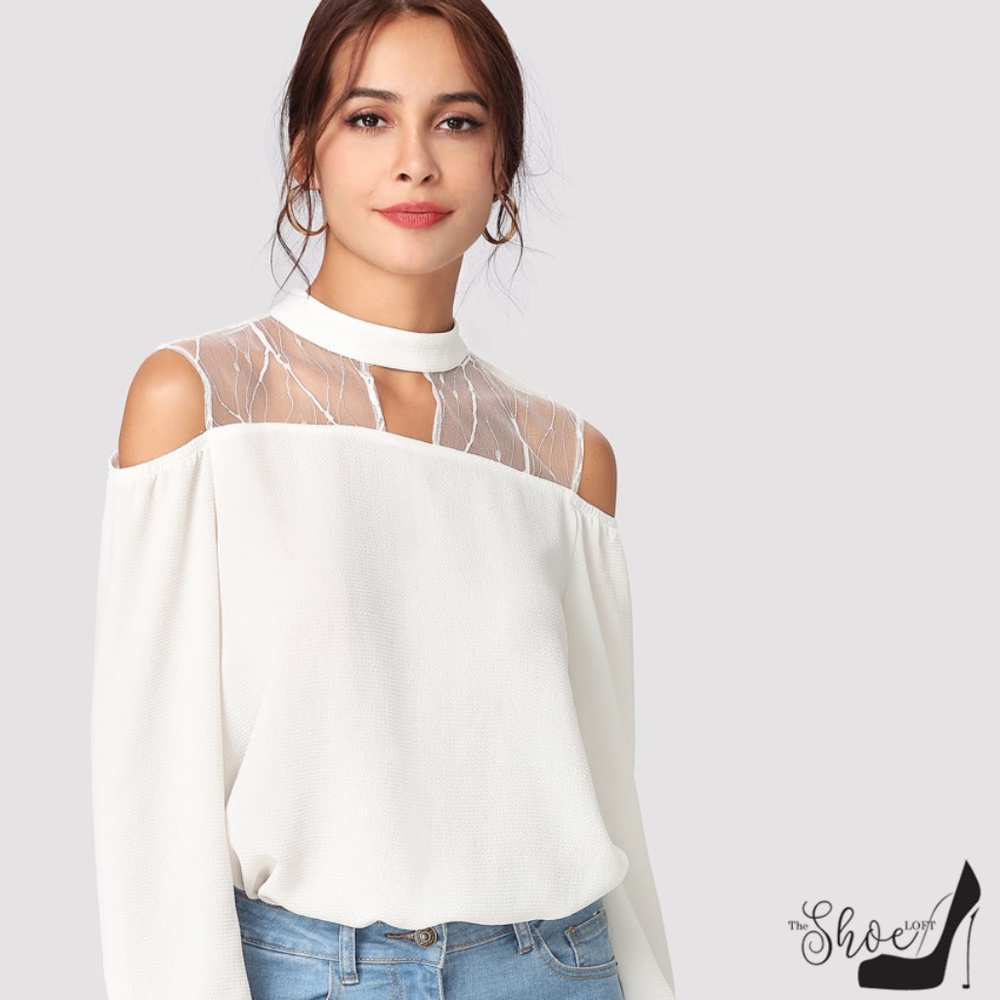 Lace Cold Shoulder Cut Out Textured Blouse